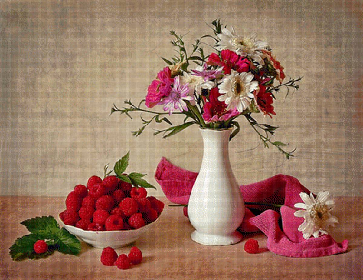 Натюрморт - натюрморт, букет, цветы, малина, ягоды - предпросмотр