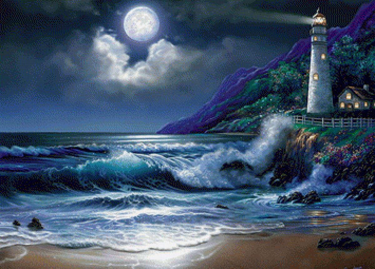 Ночной маяк - маяк, прибой, море, ночь - предпросмотр