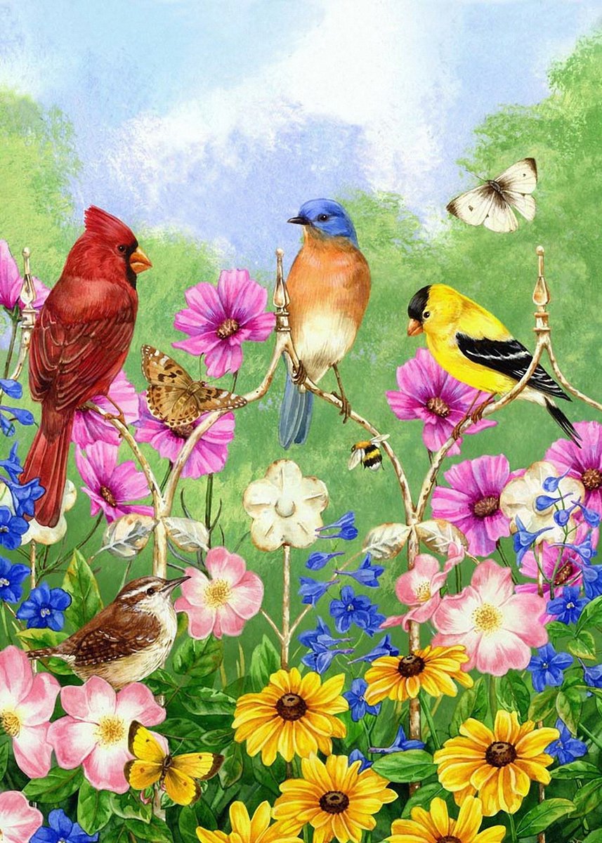 Яркие птички - бабочки, птички, цветы, лето, рисунок, природа, птицы - оригинал