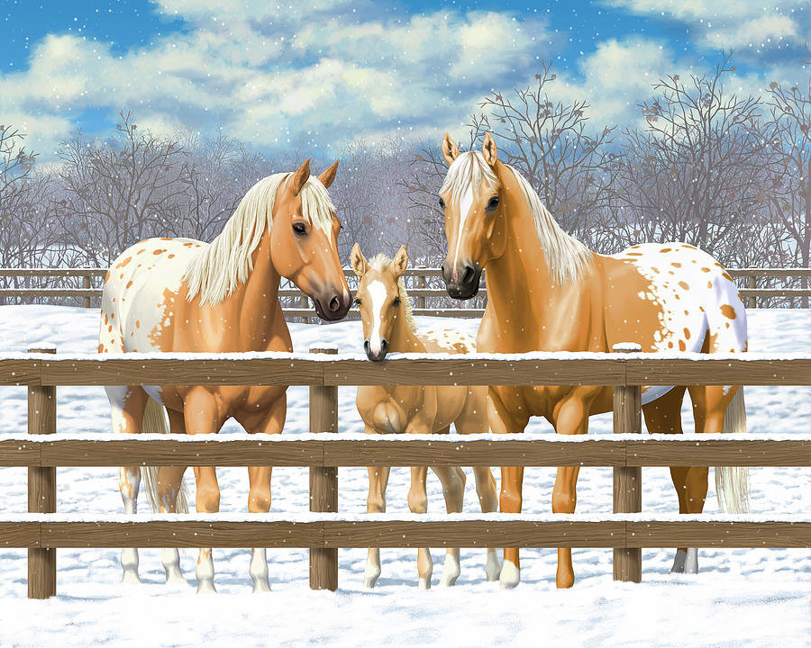 Лошади - снег, зима, животные, лошади, лошадь, рисунок - оригинал
