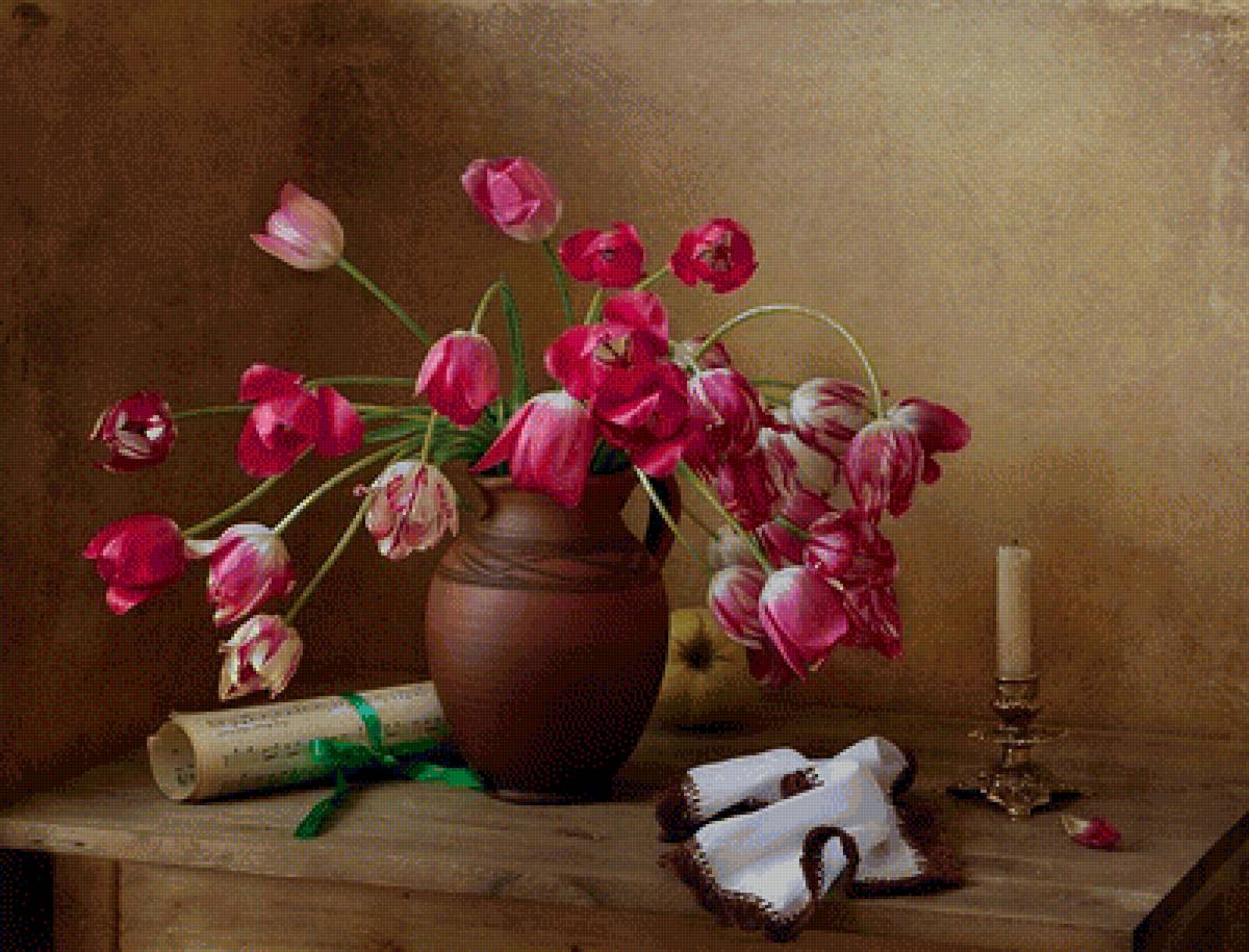 Тюльпаны - ноты, букет, свеча, тюльпаны, натюрморт, цветы - предпросмотр