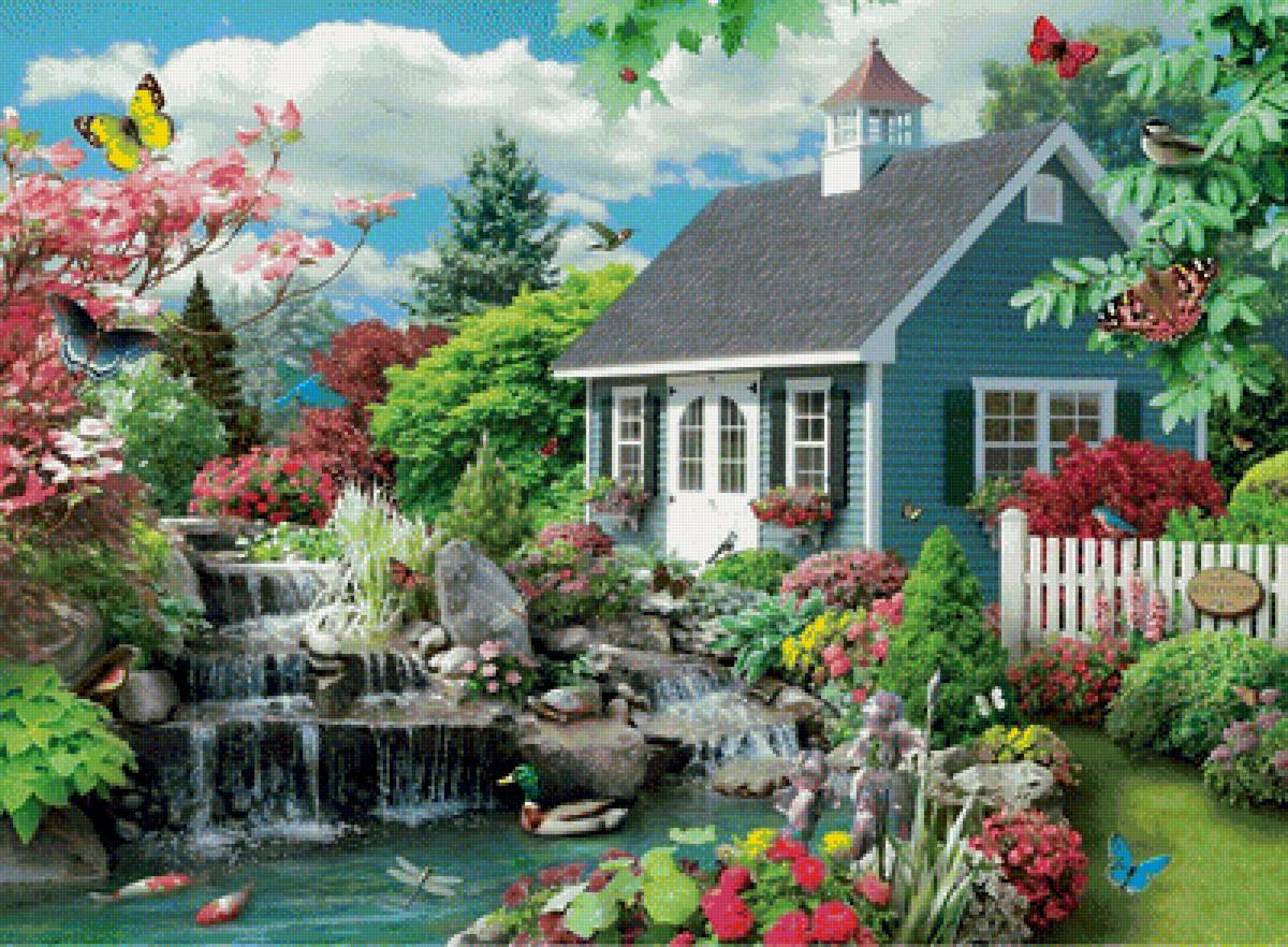 Домик - лето, бабочки, природа, домик, дом, цветы, ручей, пейзаж - предпросмотр
