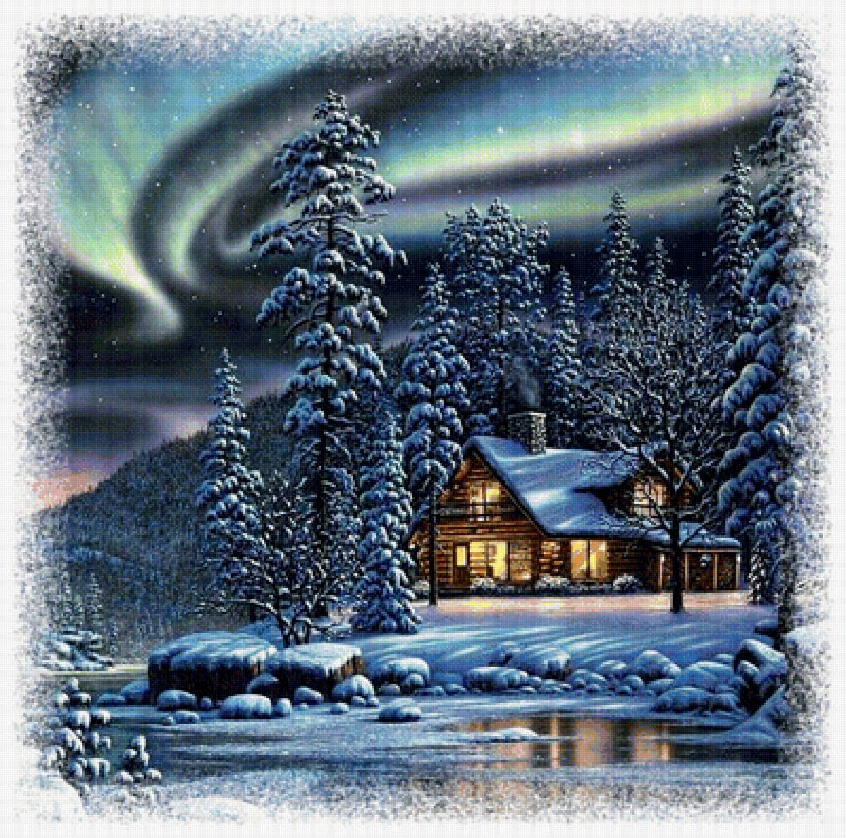 Северное сияние - зима снег северное сияние ночь домик - предпросмотр