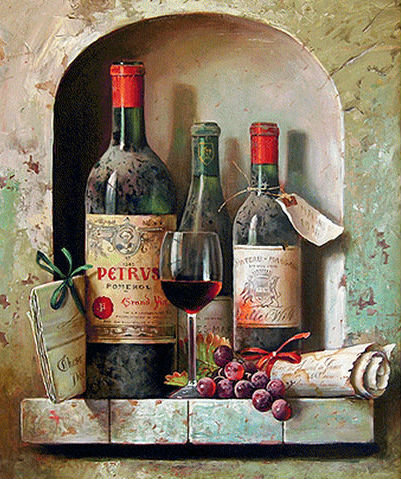 Натюрморт с вином и виноградом - бутылки, вино - оригинал