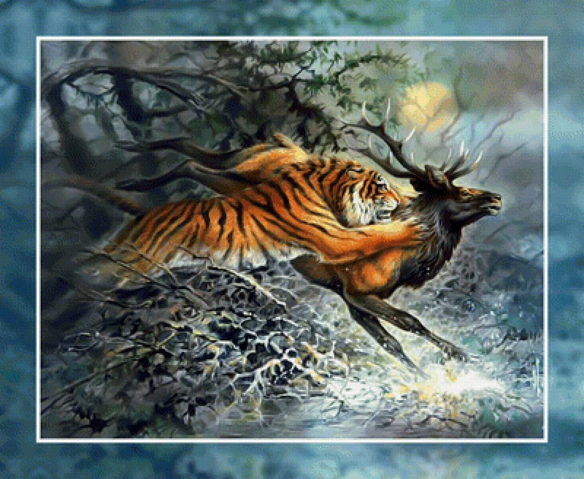 Охота тигра - тигр олень охота бег прыжок природа - предпросмотр