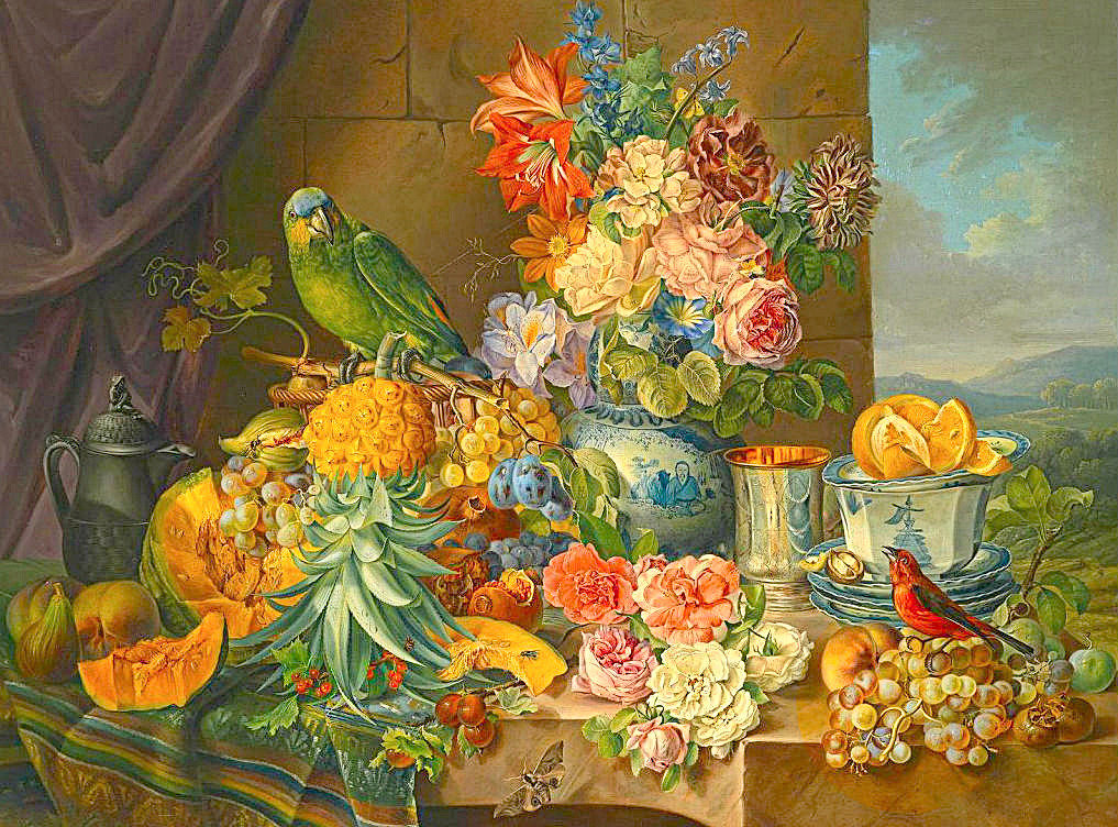 Натюрморт - фрукты, птицы, цветы в вазе, попугай, цветы - оригинал