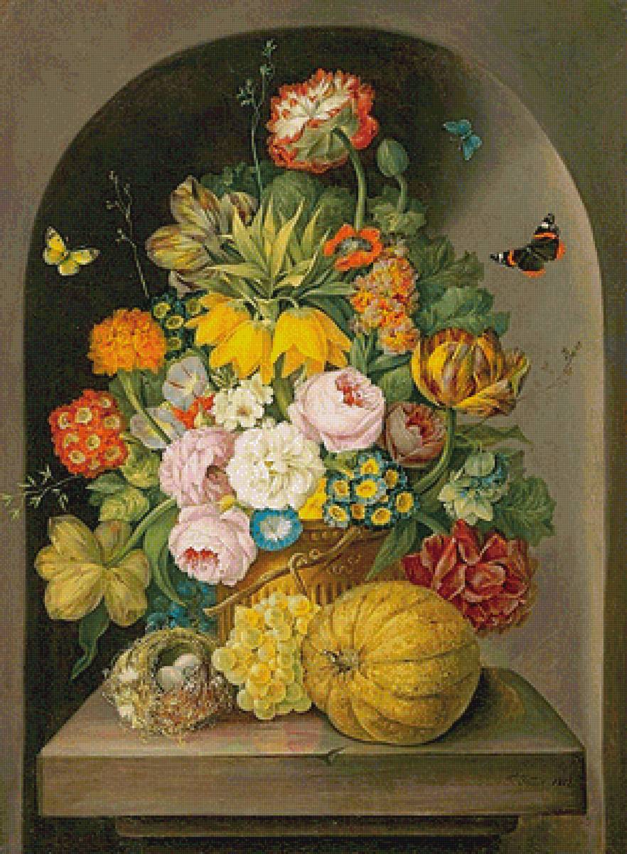 Натюрморт - цветы, бабочки, фрукты - предпросмотр