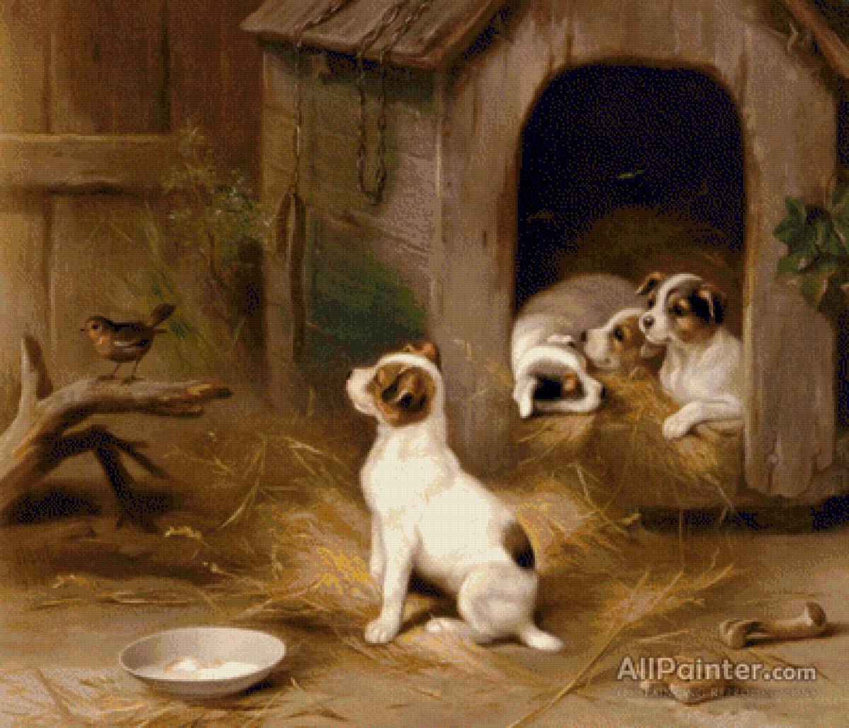 деревенский двор - картина, щенки, птица, собаки - предпросмотр