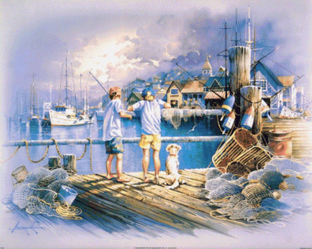 Two Boys Fishing on Dock. - andres orpinas painter.children.seascapes. - предпросмотр