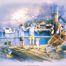 Two Boys Fishing on Dock.