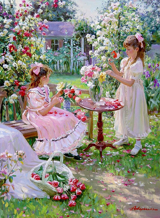 We Make a Bouquet. - alexandr averin paintings.children.flowers and gardens. - оригинал