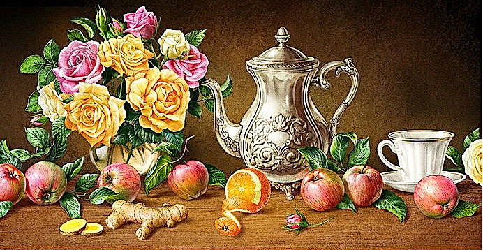 Натюрморт - чайник, яблоки, чай, розы - оригинал
