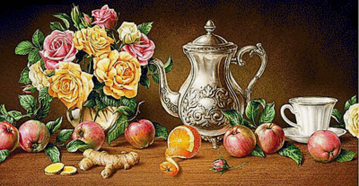 Натюрморт - розы, яблоки, чай, чайник - предпросмотр