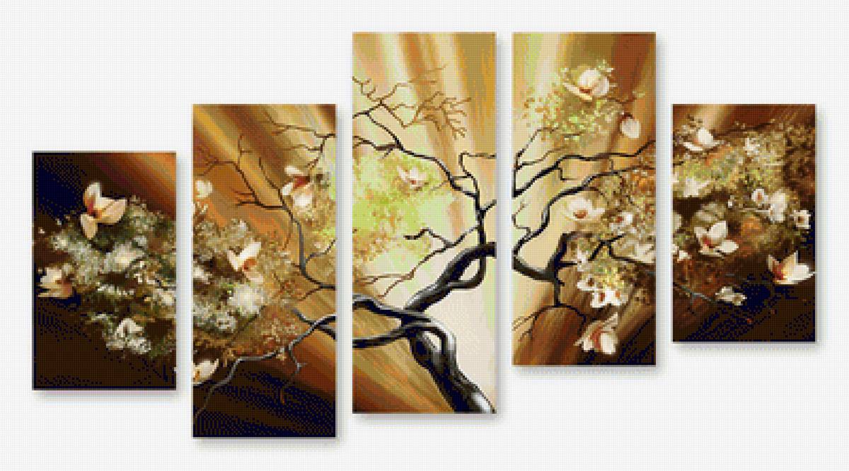 Сияние - дерево, цветы, триптих - предпросмотр