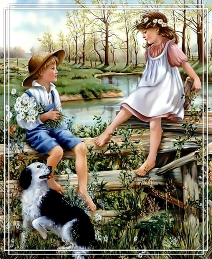 Счастливое детство. - цветы, дети, девочка, собака., ромашки, мальчик - оригинал