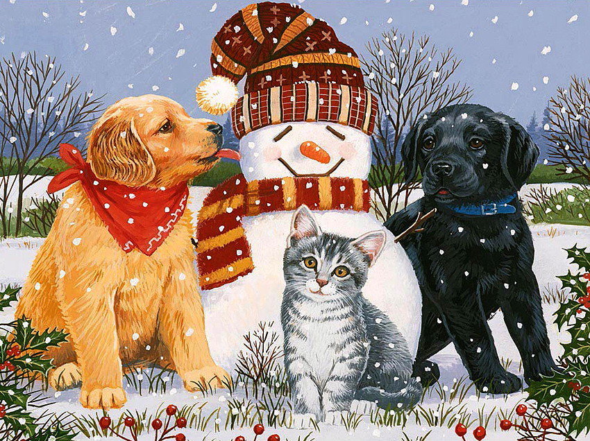 Детское - детское, снеговик, зима, кот, новогодняя, щенок, арт - оригинал