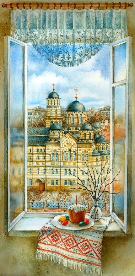 Пасха - снег, церковь, окно, собор - оригинал