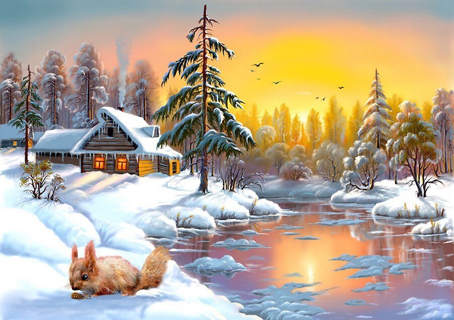 Snowy Village with Squirrel. - snowscapes.animals. - оригинал