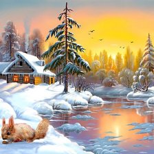 Snowy Village with Squirrel.