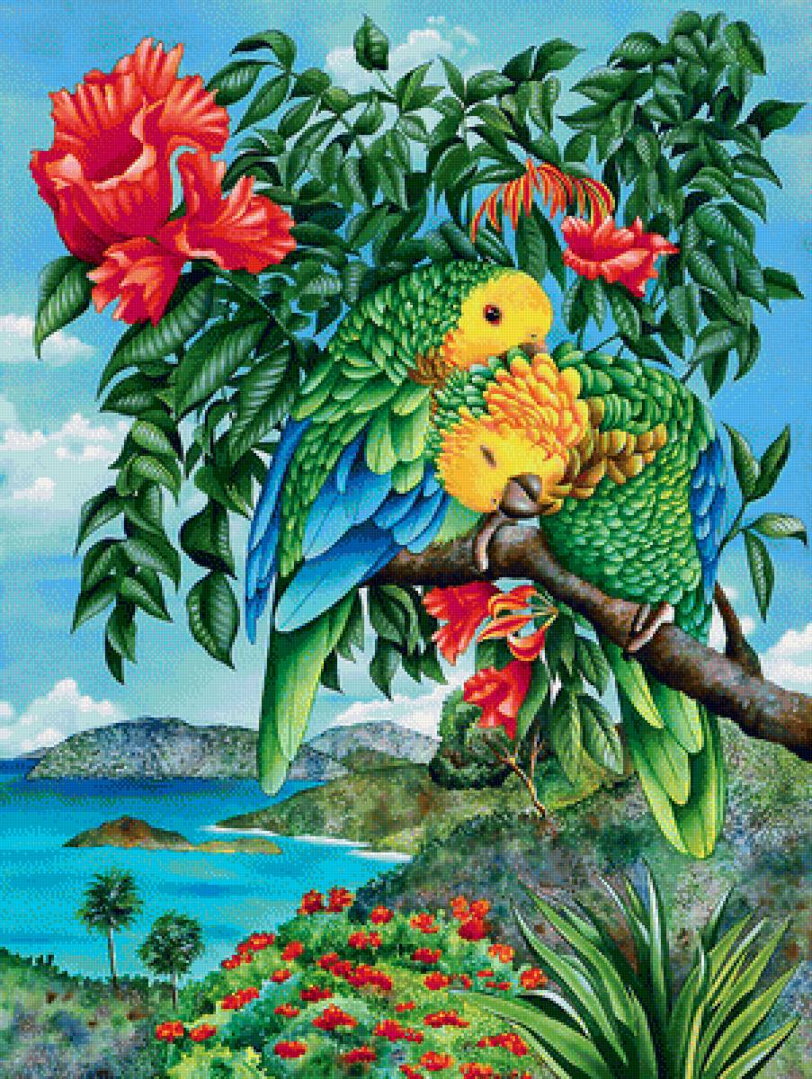 №1943720 - птицы, попугаи, цветы - предпросмотр