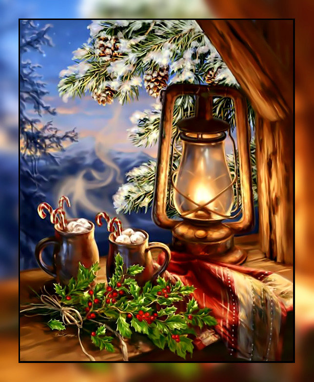 Тихий рождественский вечерок. - зима, чашка, рождество, шишки, фонарь., ель, снег - оригинал