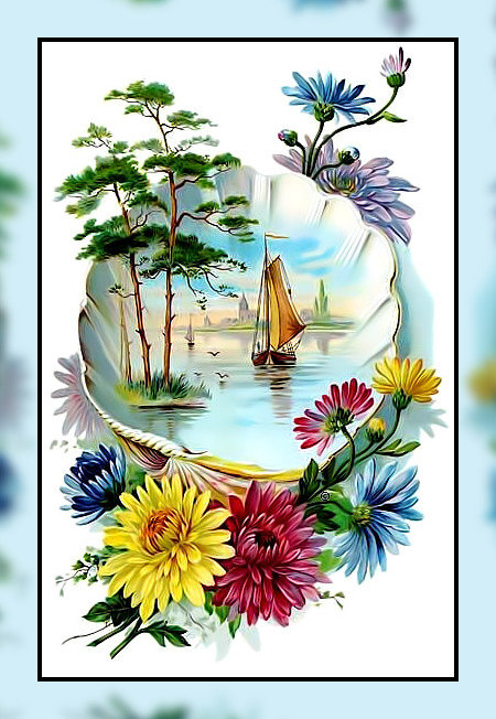 Морская тематика. - парусник, сосны, чайки, море, пейзаж., цветы - оригинал
