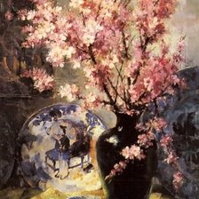 Apple Blossoms And Blue And White Porcelain On A Table