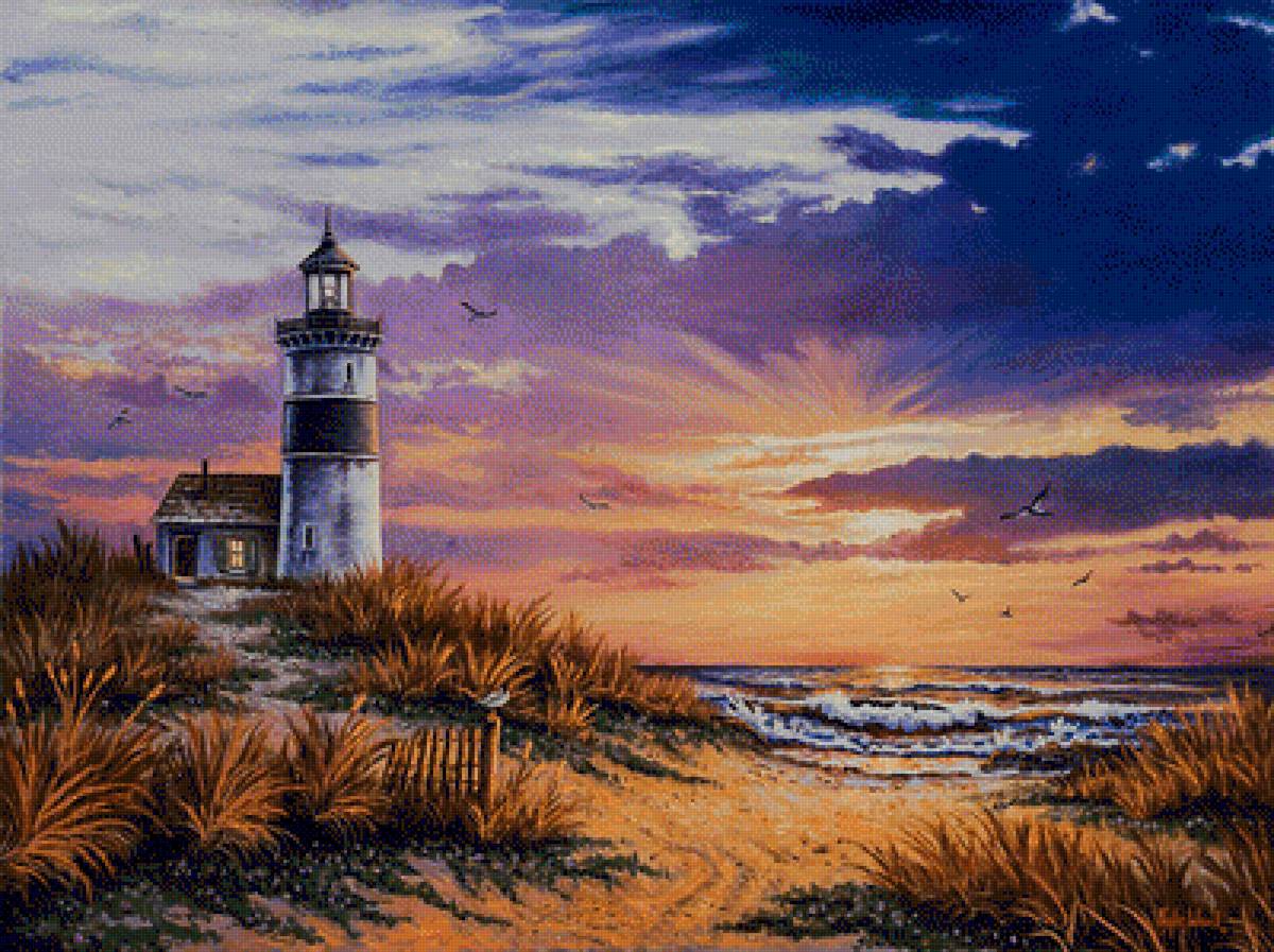 Sunset Lighthouse. - seascape.birds. - предпросмотр