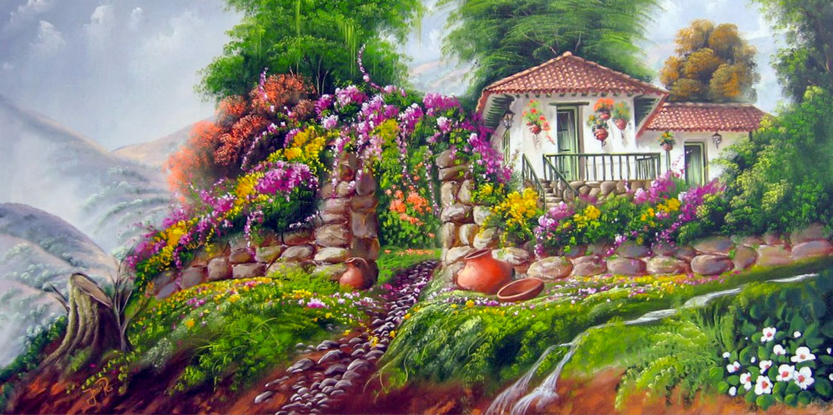 The House in the Mountain. - josé raúl rodríguez galán painter.landscape.scenarys.flowers and - оригинал