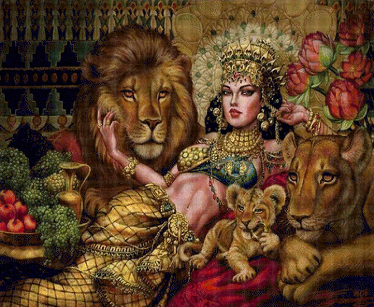 девушка и львы - девушка, львы, люди, животные - предпросмотр