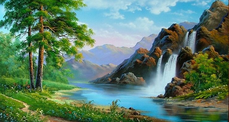 водопад - сосны, горы, пейзаж, водопад, природа - оригинал