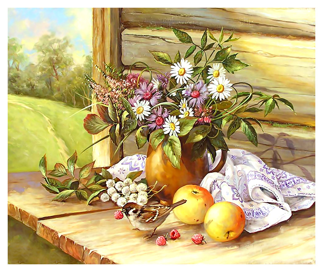 Серия "Деревенский натюрморт" - цветы, фрукты, букет, натюрморт - оригинал