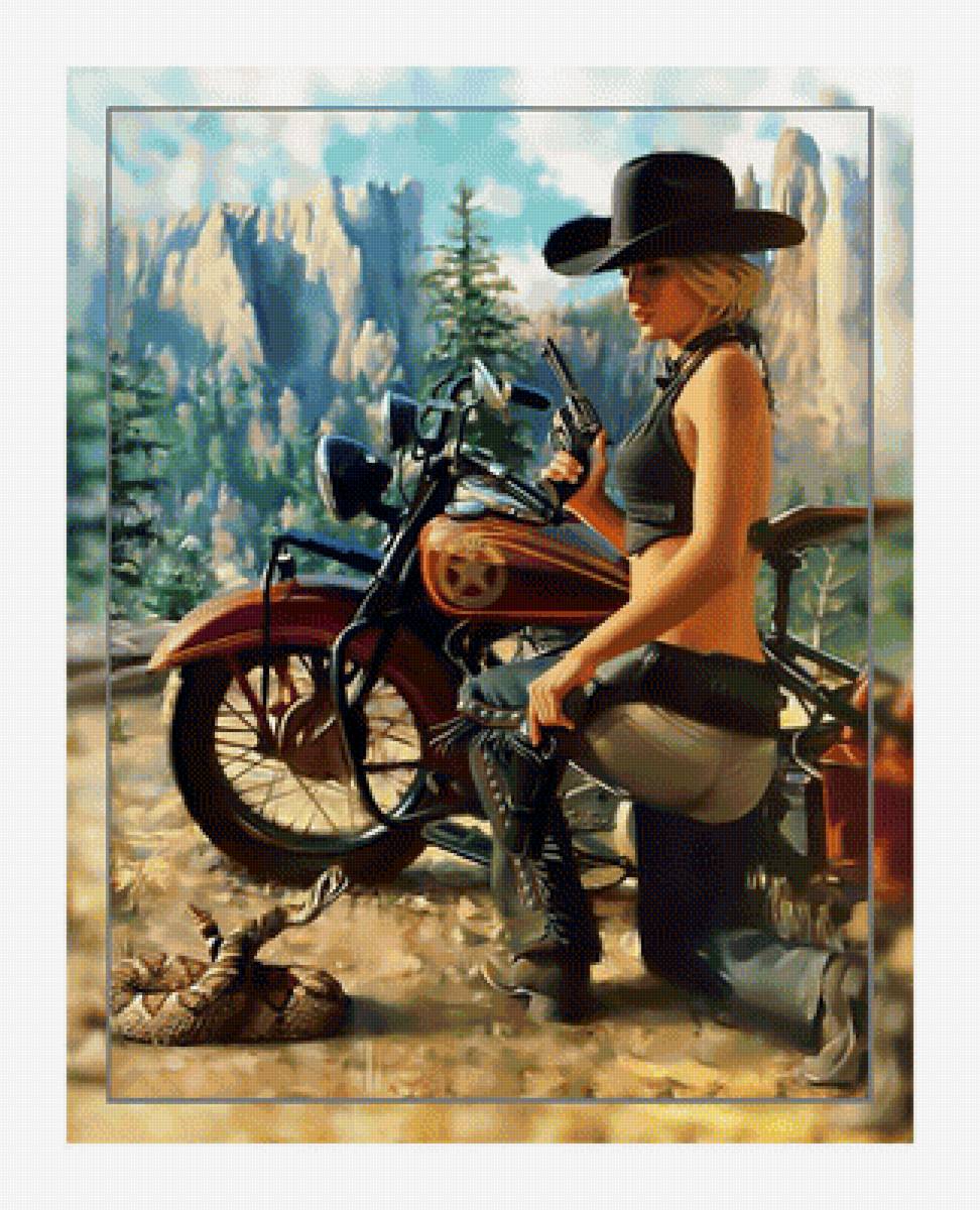 Мир Дикого Запада. - змея, пейзаж., мотоцикл, шляпа, девушка - предпросмотр
