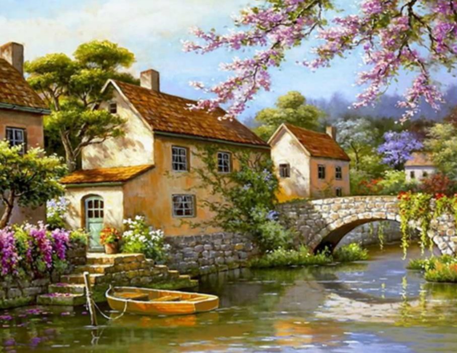 №1957991 - дома, лодка, домики, пейзаж, река, цветы. деревья, мостик - оригинал