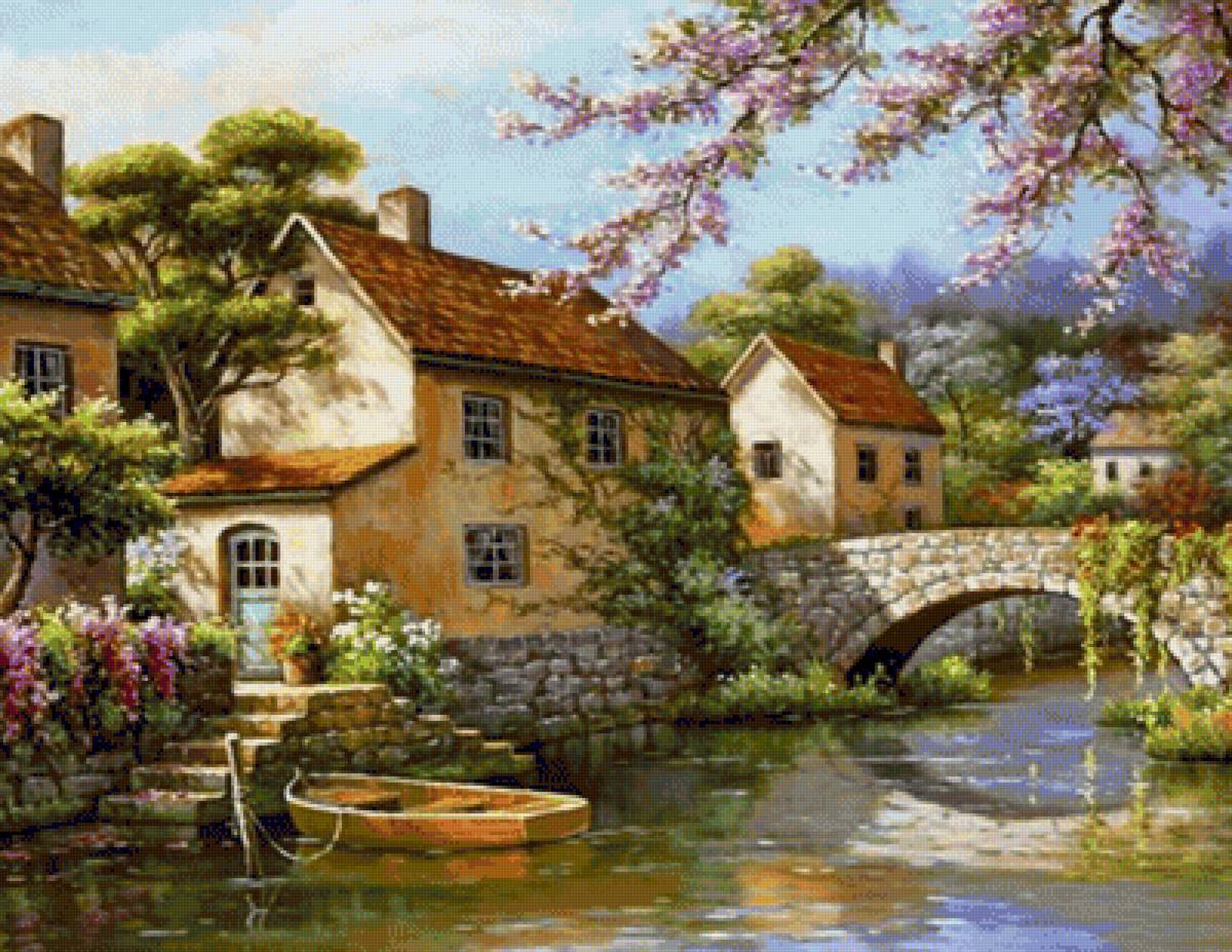 №1957991 - пейзаж, цветы. деревья, мостик, лодка, дома, река, домики - предпросмотр