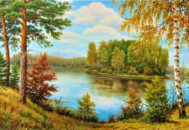 осень - сосны, река, пейзаж, природа, береза, осень - оригинал