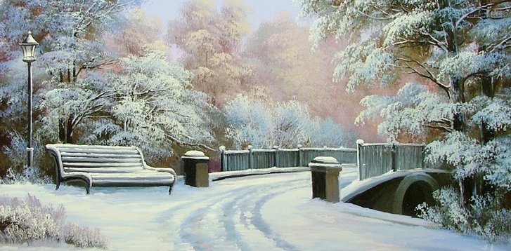 зима - лавочка, мостик, пейзаж, зима, снег - оригинал