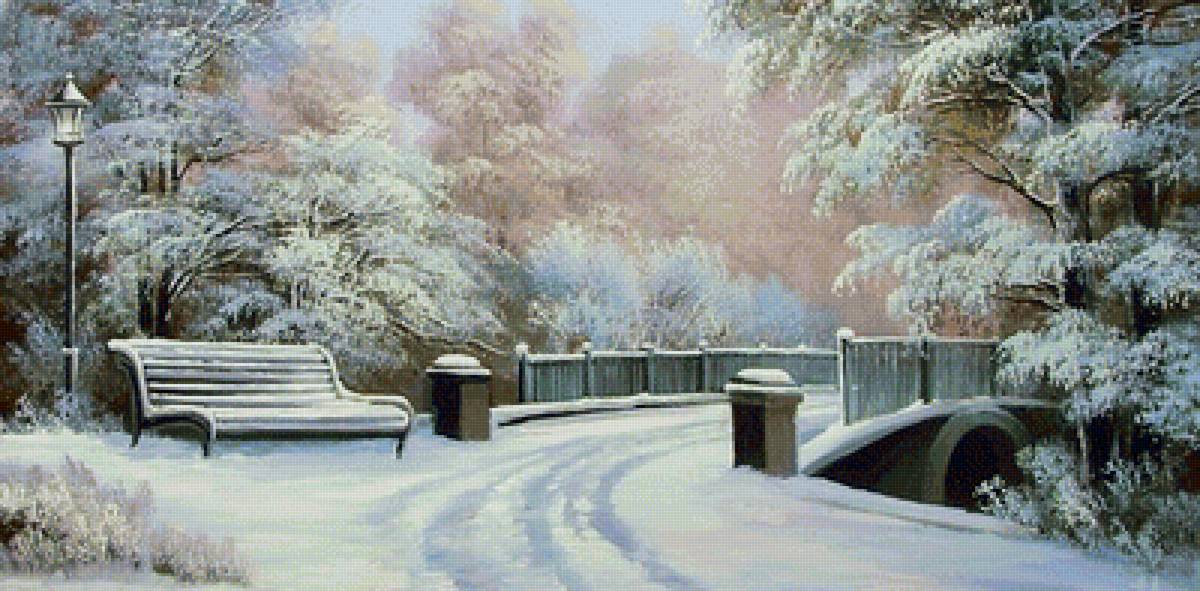 зима - мостик, лавочка, снег, зима, пейзаж - предпросмотр