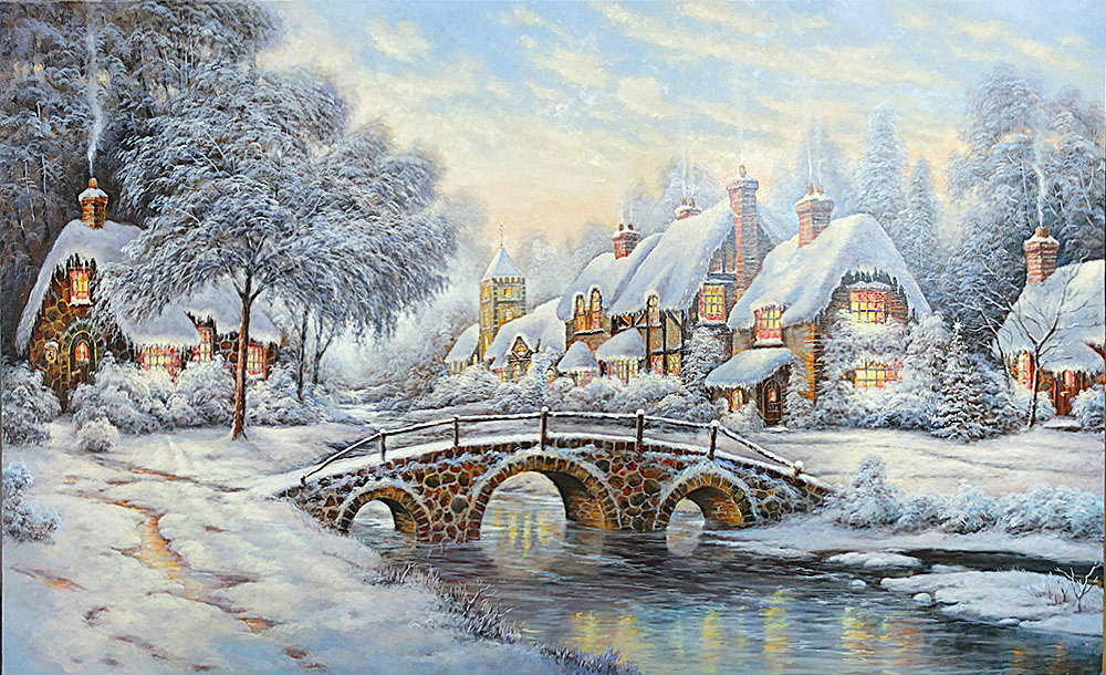Зимний пейзаж - зима, мост, домики, река, снег - оригинал