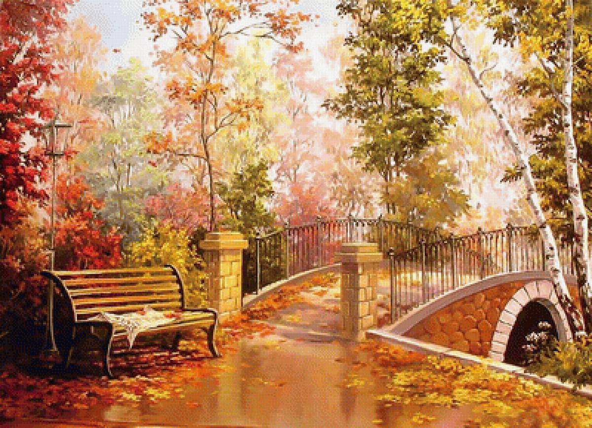 Осенний пейзаж. - скамейка, осень, пейзаж., листва, мост, парк - предпросмотр
