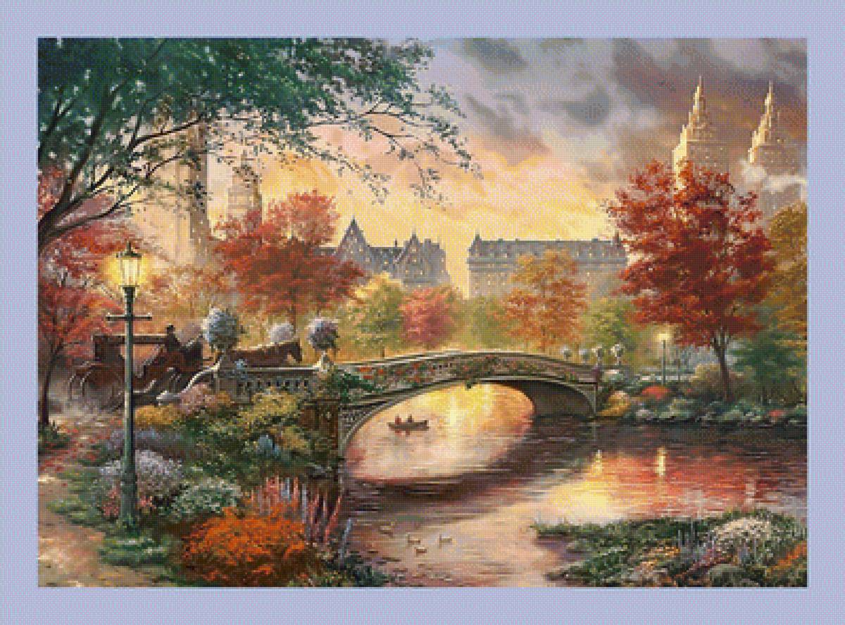 Осенний городской пейзаж. - город, река, осень, парк, вечер, фонари., мост, пейзаж - предпросмотр
