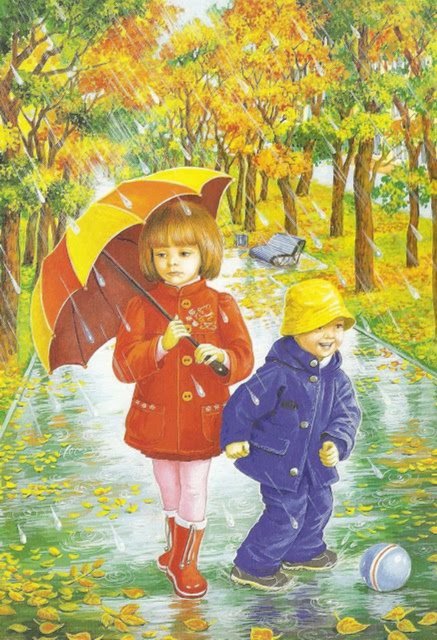 под дождем - дождь, дети, осень, парк, люди - оригинал