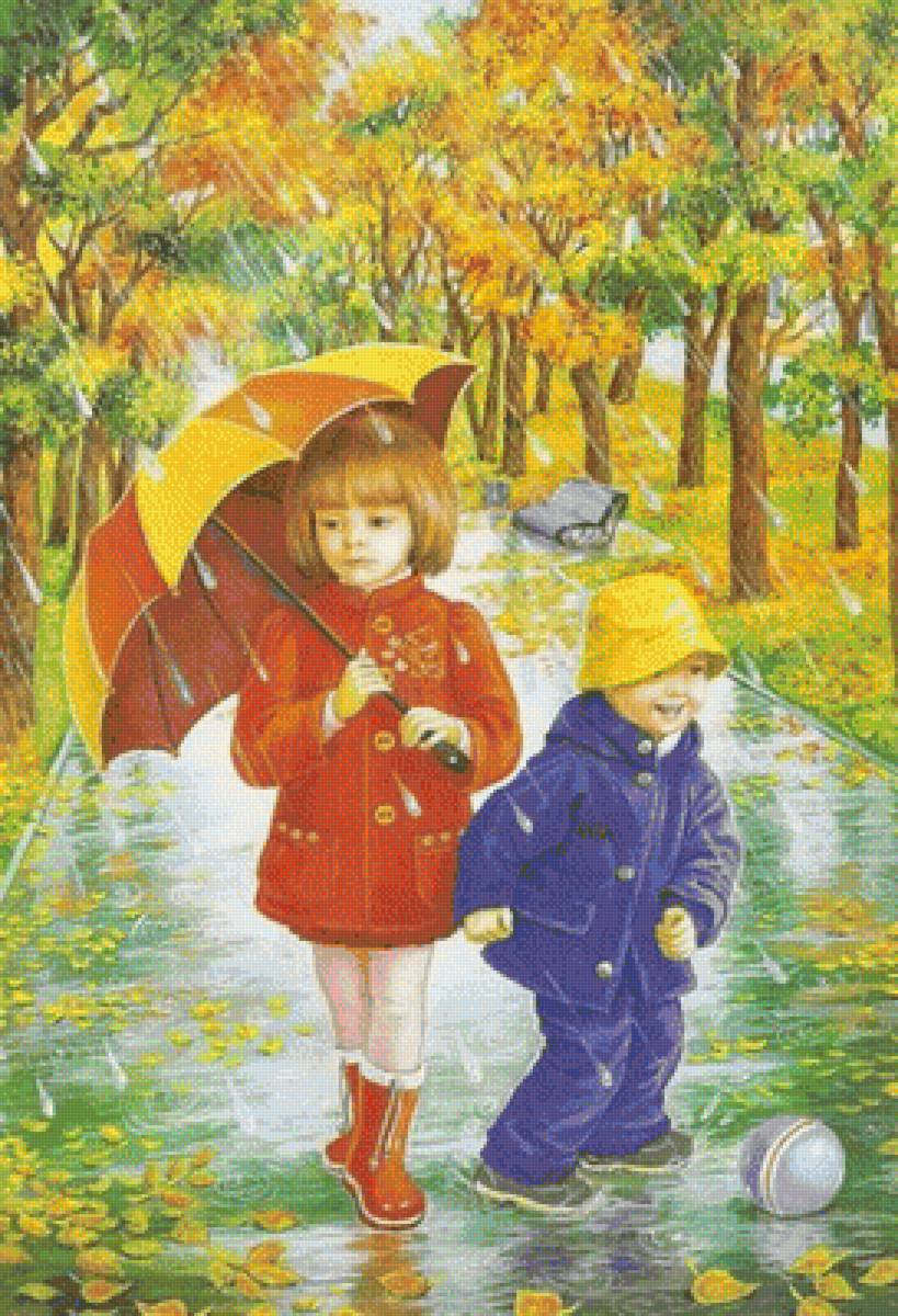 под дождем - дождь, осень, дети, парк, люди - предпросмотр