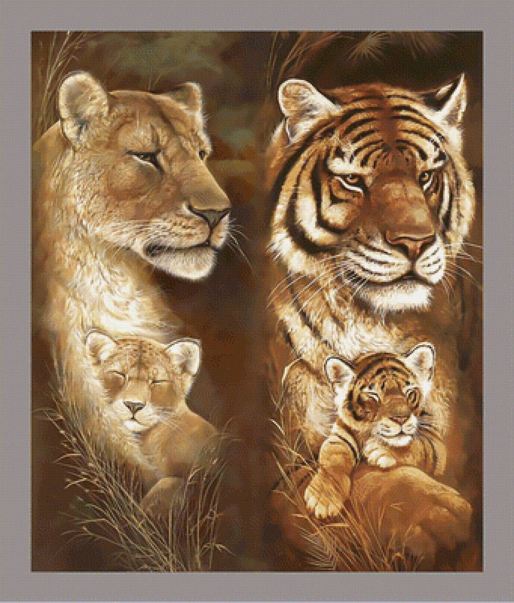Лев и тигр с котятами. - хищники, животные., лев, тигр, котята - предпросмотр