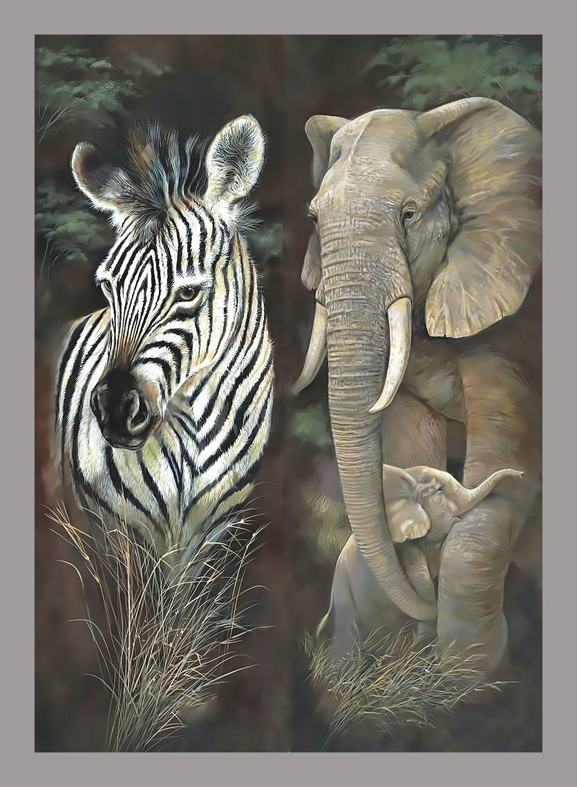 Зебра и слон. - слоненок, зебра, животные., слон - оригинал