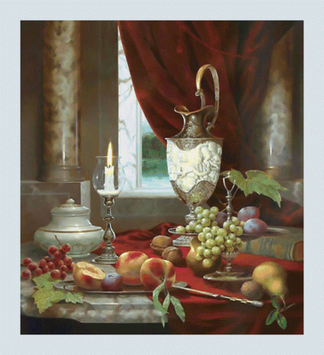 Натюрморт со свечой.2 - сливы, груши, фрукты, свеча, натюрморт, виноград, ягоды, персики - предпросмотр
