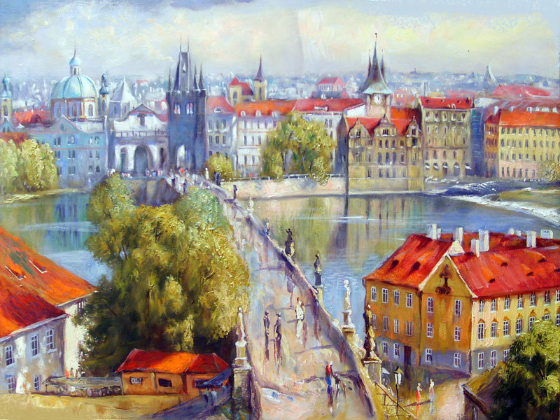 Пражский пейзаж - город, здания, мост, река - оригинал