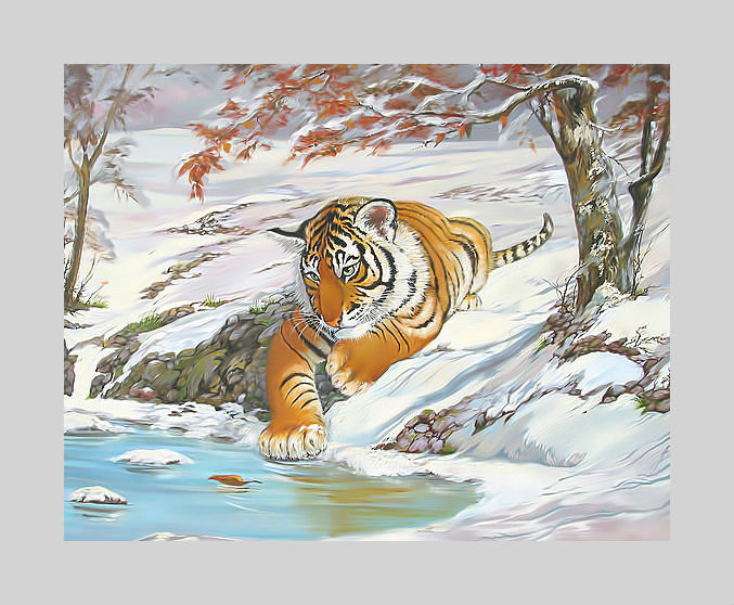 Тигрёнок и листик. - тигр, котенок, хищник, тигренок, зима, снег, пейзаж. - оригинал