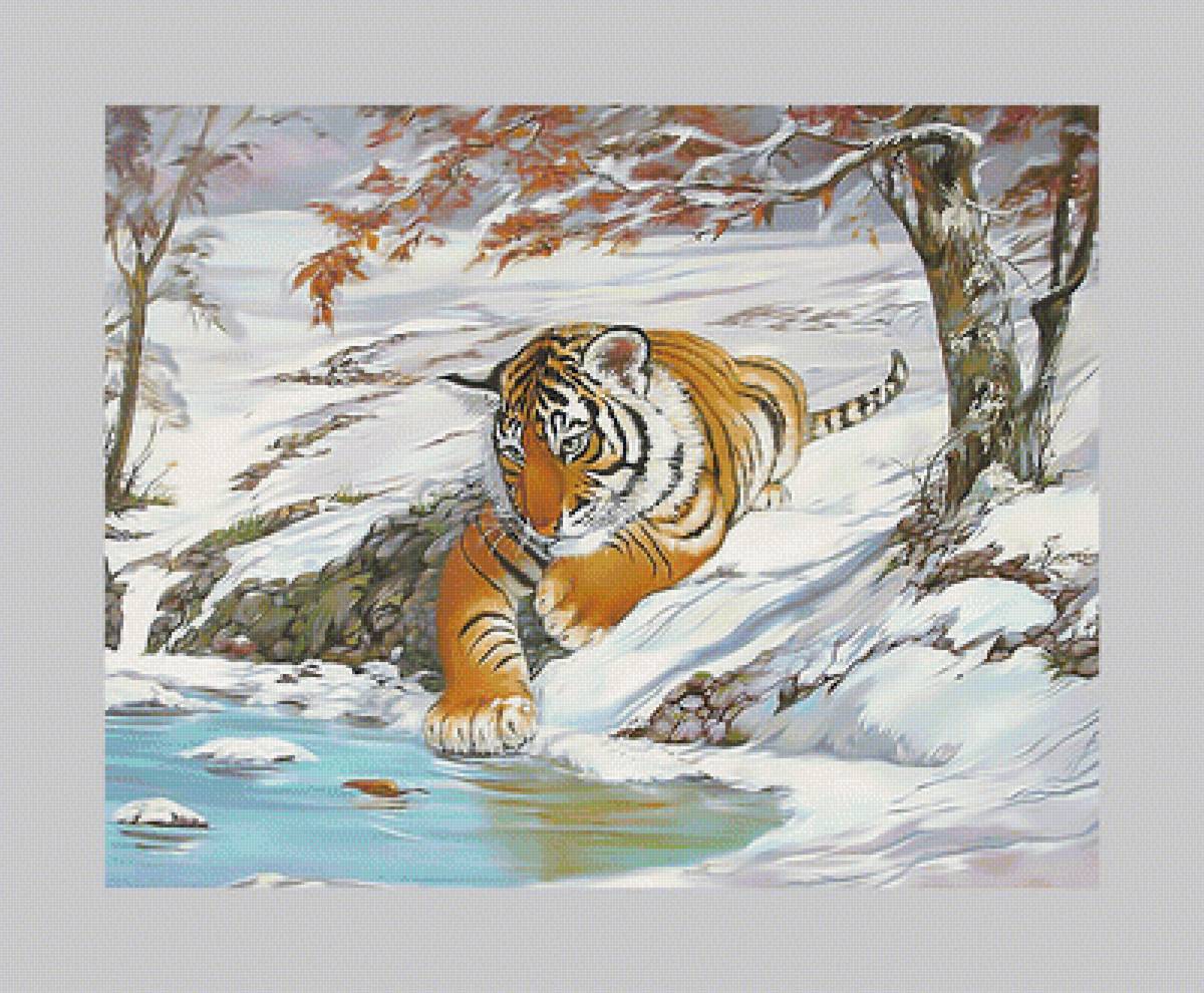 Тигрёнок и листик. - тигр, хищник, снег, котенок, зима, пейзаж., тигренок - предпросмотр
