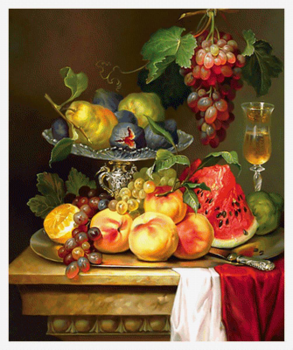 Фруктовый натюрморт. - арбуз, бокал, ягоды, фрукты, виноград, натюрморт, виноград. - предпросмотр